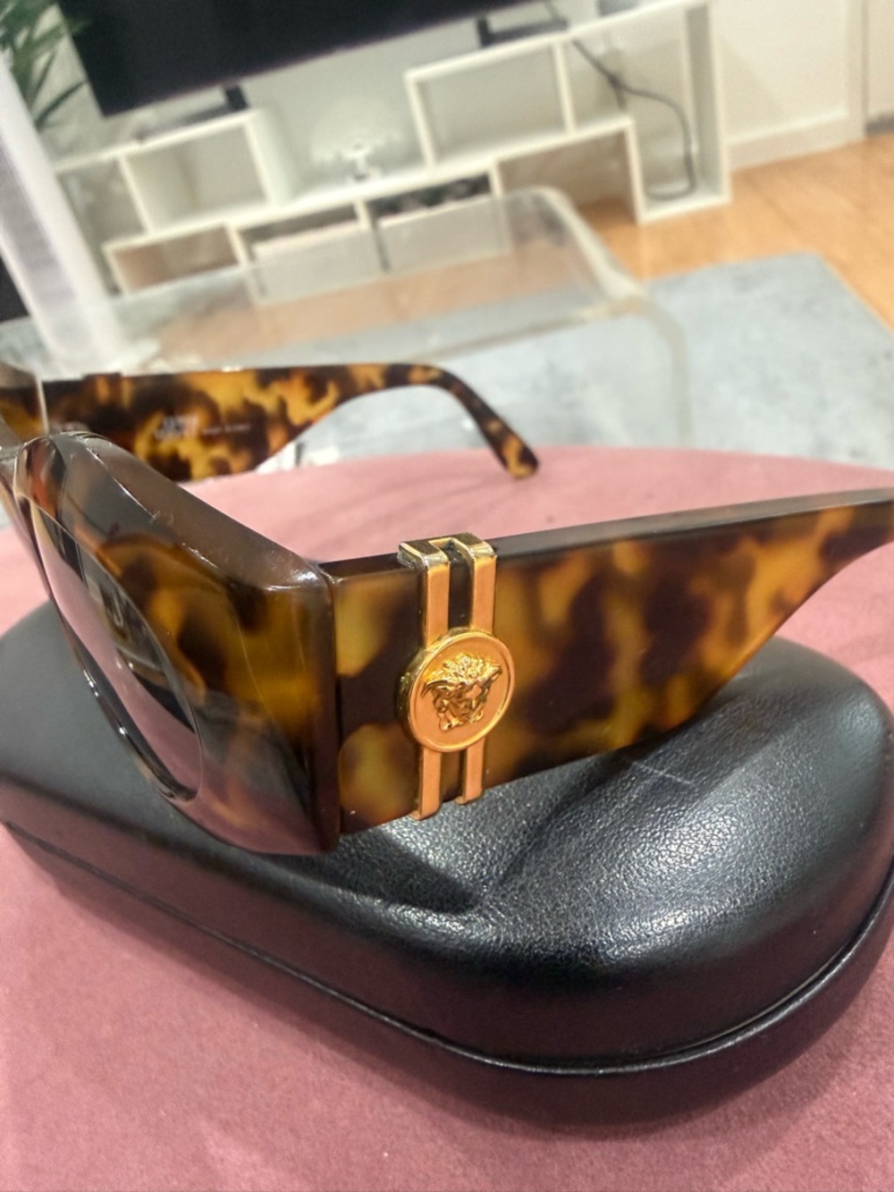 Versace Tortoiseshell Square Frame Sunglasses with Gold Medallion